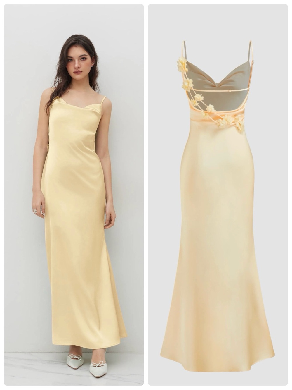 Cider Pale Yellow Satin Maxi Slip Dress with Floral Straps